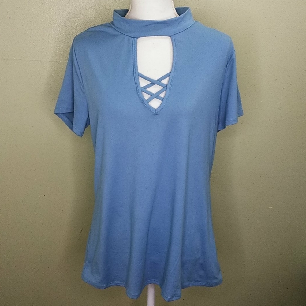 Zenobia Blue Top with Lattice Neckline - M/L - NWT